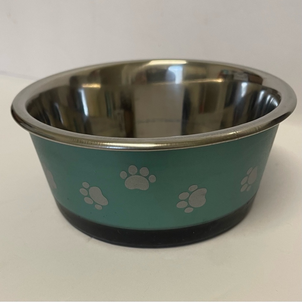 Petzone Teal-Green Paw Print Stainless Steel Dog Bowl Non-Skid - Small